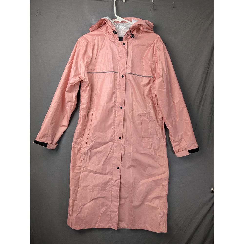 Arshiner Pink Long Hooded Raincoat YMX21103-L Womens Large Reflective Trim Snap